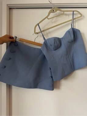 Meshki Dusty Blue Bustier Crop Top and Button-Detail Mini Skirt